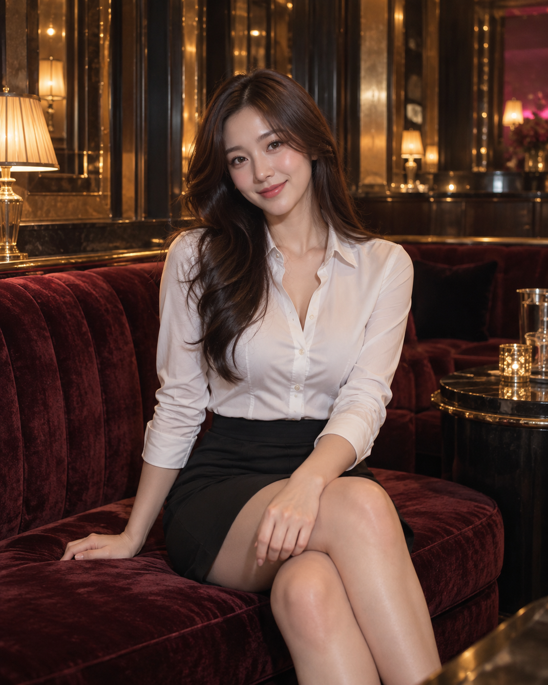 화이트 셔츠와 버건디 라운지 분위기의 AI 생성 성인 모델컷