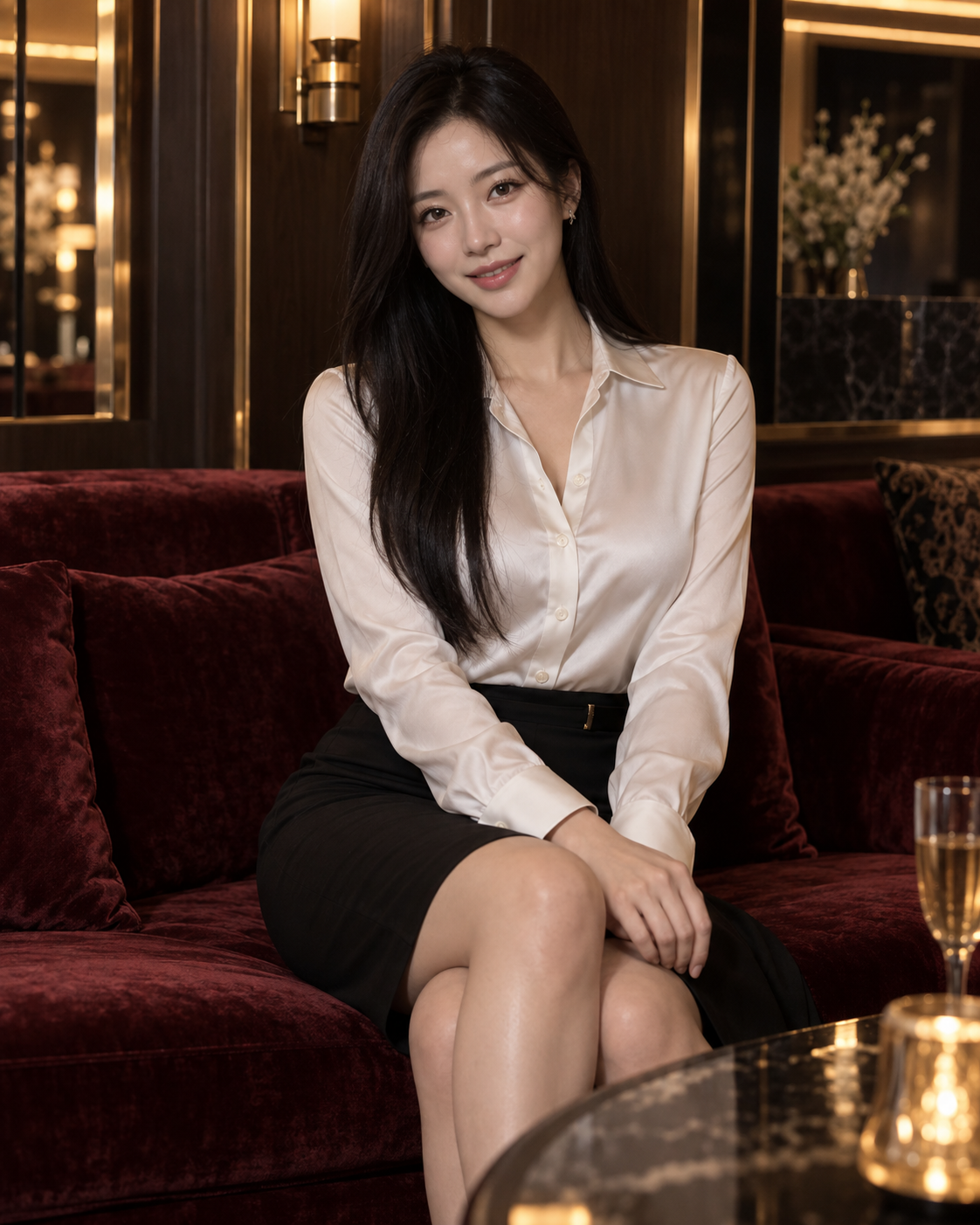 따뜻한 골드 조명의 라운지를 배경으로 한 AI 생성 성인 모델컷
